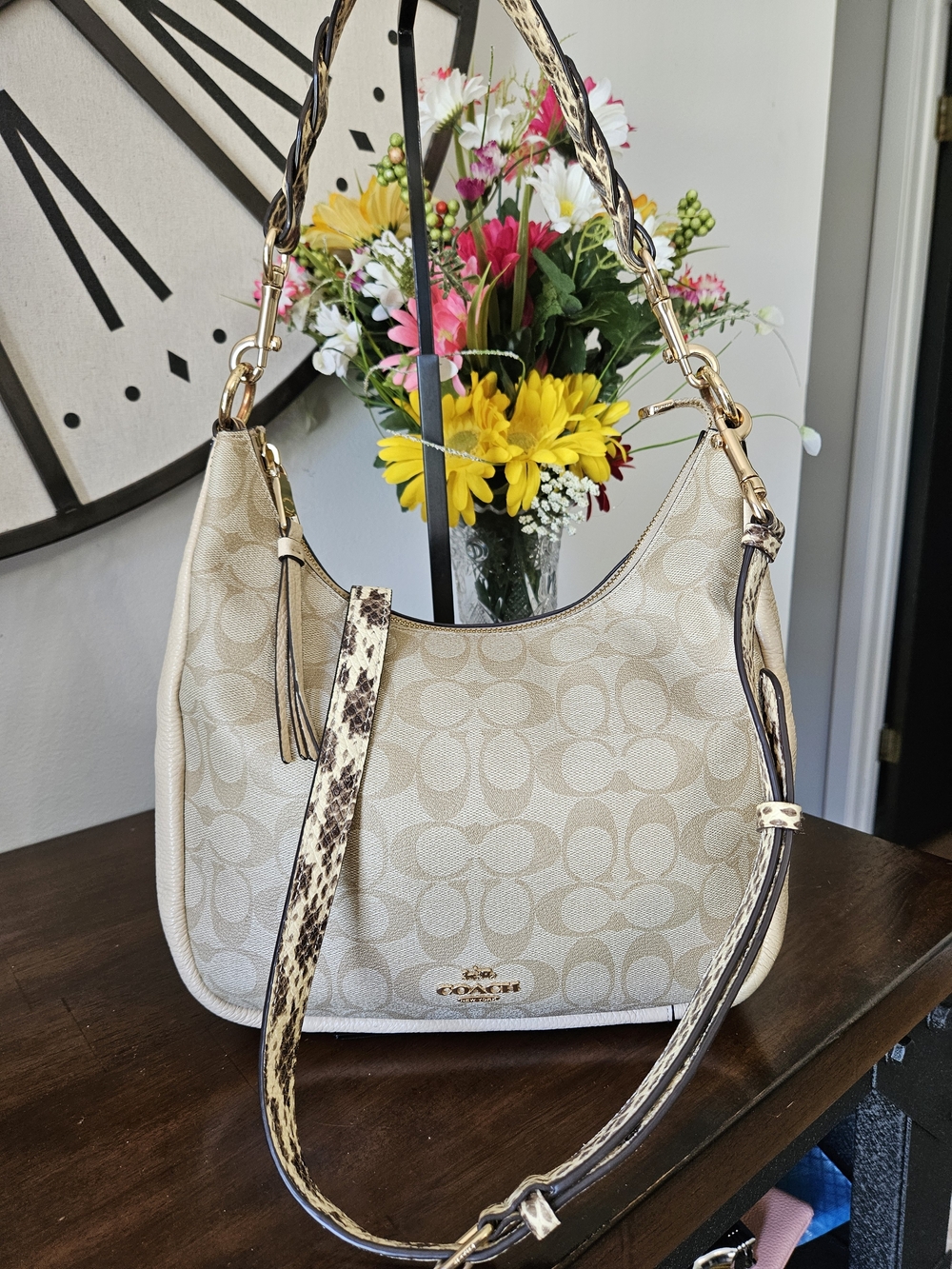 Coach Signature Canvas Hobo Bag in Beige with Animal-Print Strap